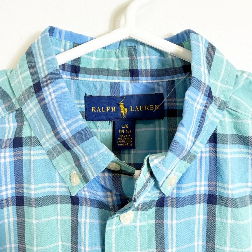 Ralph Lauren Button Down Shirt Boys L (14-16) Blue Teal Plaid Long Sleeve Pony
